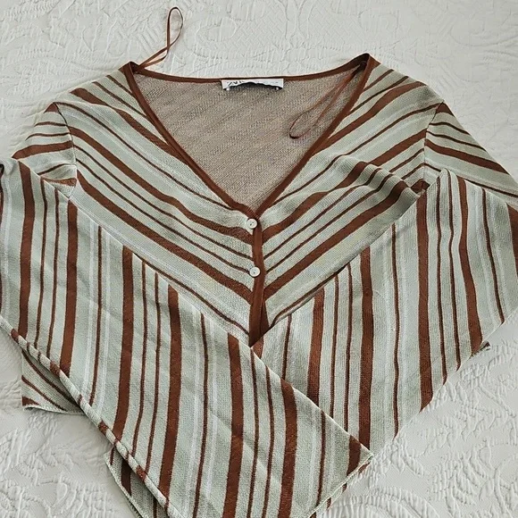 Zara Stripe Knit Top & Skirt Co Ord Set Size Large Green/ Brown Skirt Sets